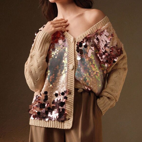 Multicolor Casual Women's V-Neck Cardigan Sweater with Sequins - Picture 5 of 7